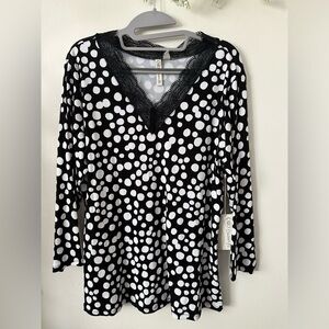 Cato Polka Dot Blouse with Lace V-Neck
